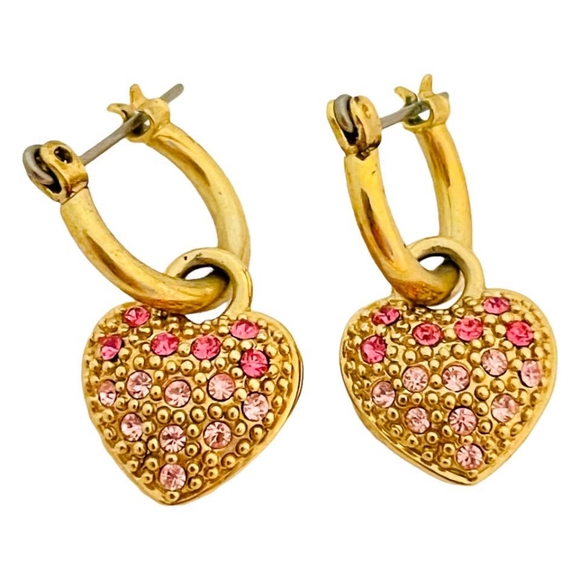 Jewelry - Vtg gold pink rhinestone dangle heart pierced earrings